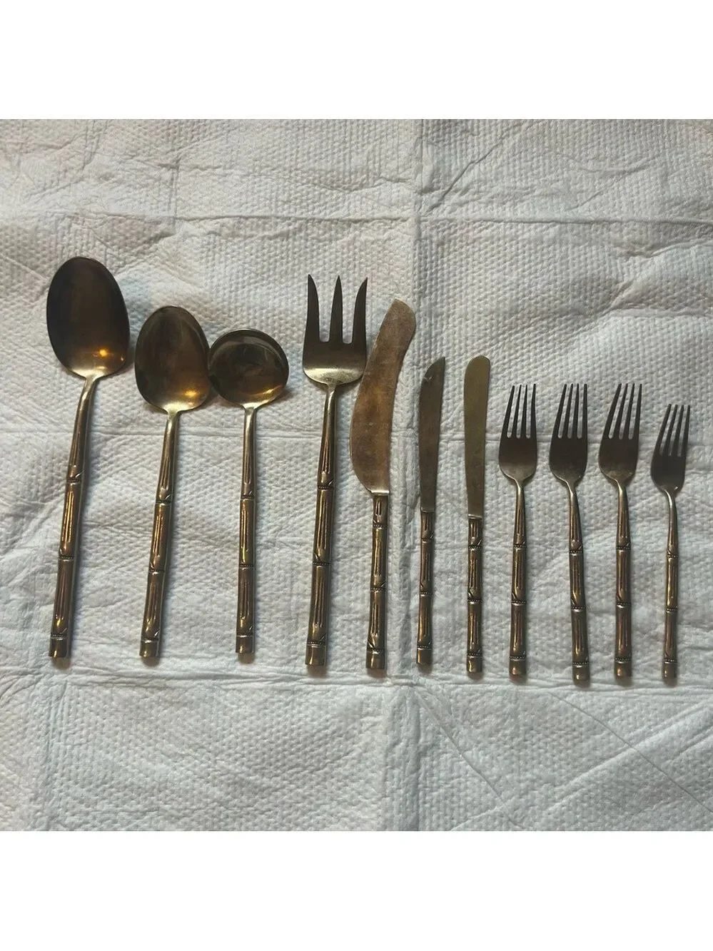 VTG Mid Century Serving Utensils Nickel Bronze Bamboo Design Set of 11 Gold Tone